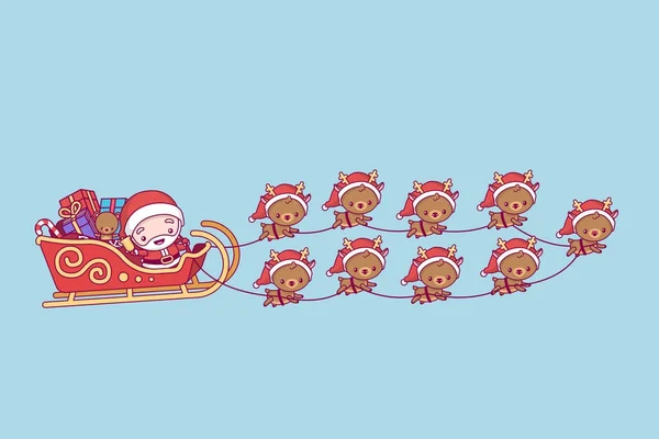 Kawaii chibi yang cantik. Santa Claus naik kereta luncur dengan hadiah. Tim yang terdiri dari sembilan rusa. Selamat Natal dan tahun baru yang bahagia - Stok Vektor