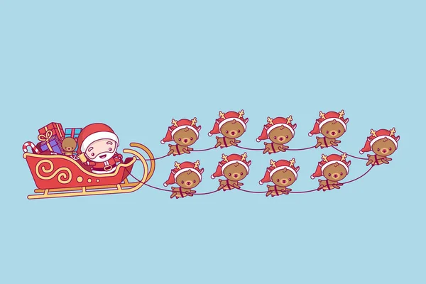 Kawaii chibi yang cantik. Santa Claus naik kereta luncur dengan hadiah. Tim yang terdiri dari sembilan rusa. Selamat Natal dan tahun baru yang bahagia - Stok Vektor