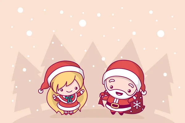 Schöne niedliche kawaii chibi. Weihnachtsmann und Schneemädchen unter Schneefall. Frohe Weihnachten und ein gutes neues Jahr. — Stockvektor