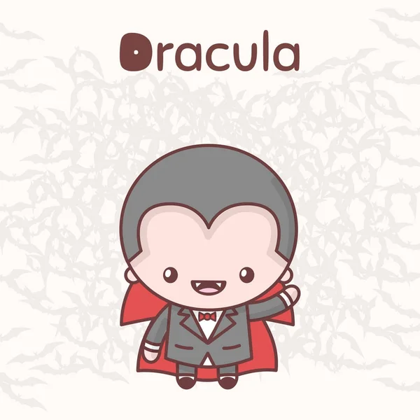 Söta chibi kawaii tecken Halloween inställd. Dracula står i bakgrunden av fladdermöss och välkomnar med handen. Flat tecknad stil — Stock vektor