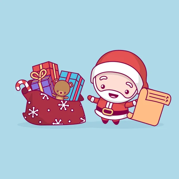 Kawaii chibi yang cantik. Santa Claus bersukacita dengan sekantong hadiah dan daftar di tangannya. Selamat Natal dan tahun baru yang bahagia - Stok Vektor