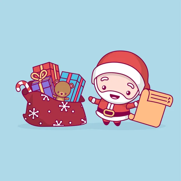 Adorável chibi kawaii bonito. Papai Noel se alegra com um saco de presentes e uma lista em sua mão. Feliz Natal e um feliz ano novo —  Vetores de Stock