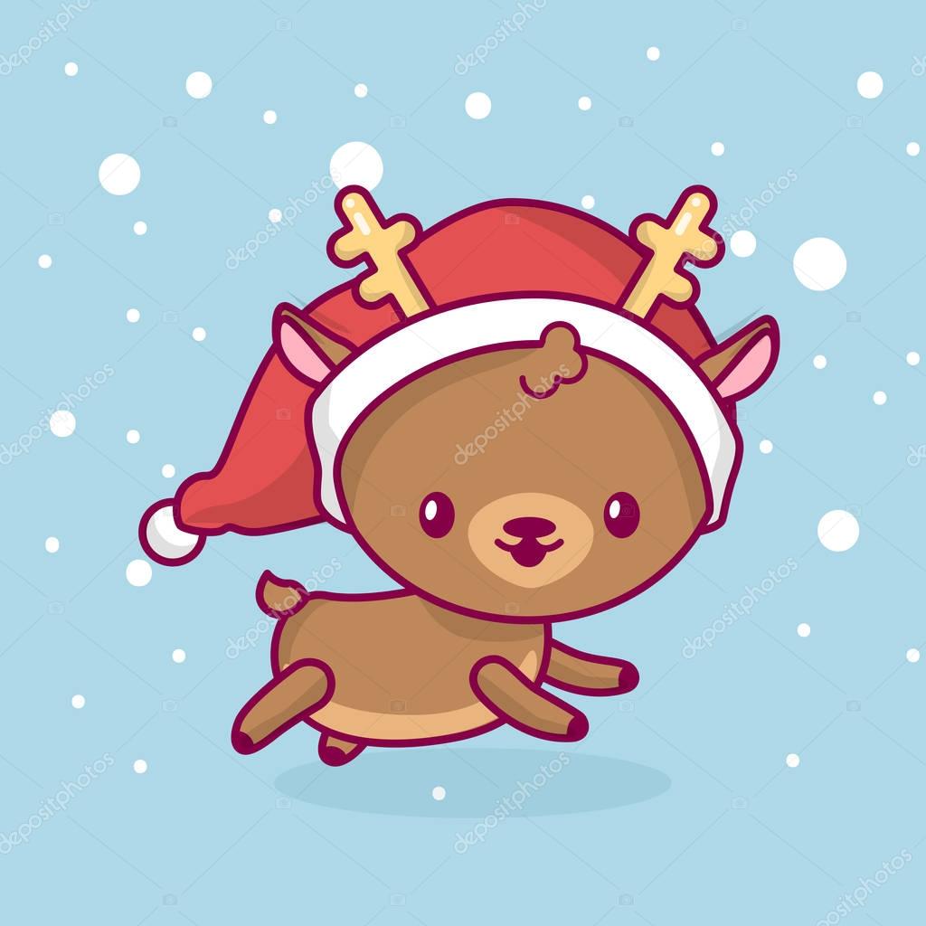 Schöne süße Kawaii Chibi. HirschSeitenansicht unter Schnee. Frohe