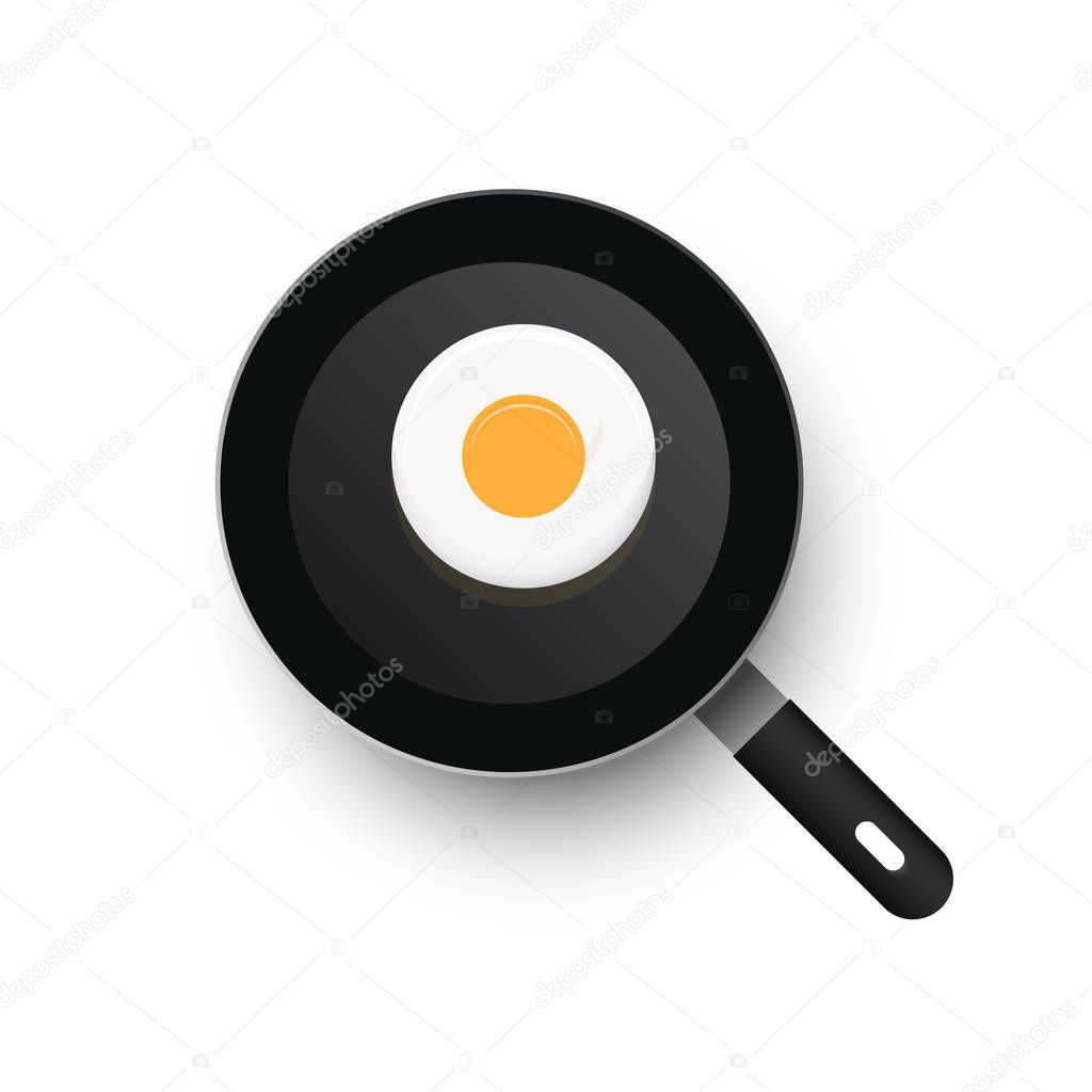 A realistic hot vector frying pan heated up. View from above. Smooth eggs in a frying pan