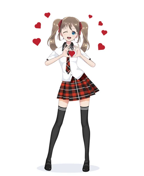 Anime Manga školačka dívka v červené sukni — Stockový vektor