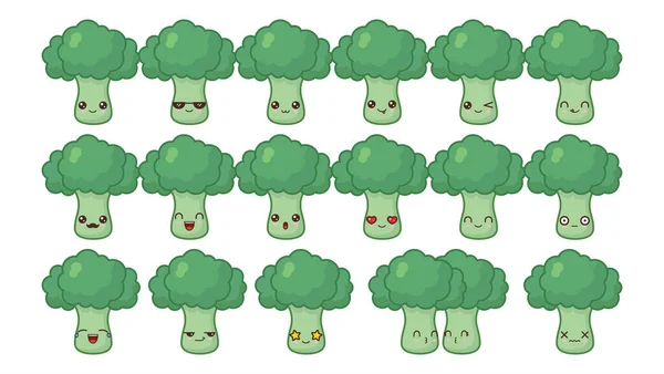 Brócoli linda mascota kawaii. Set de caras de comida kawaii — Vector de stock