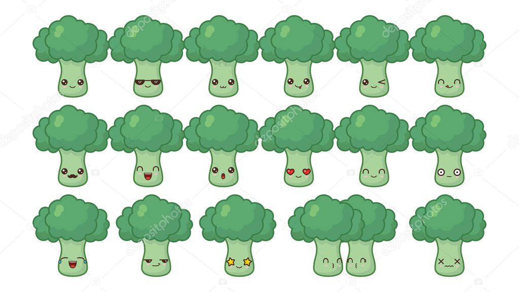 Broccoli cute kawaii mascot. Set kawaii food faces