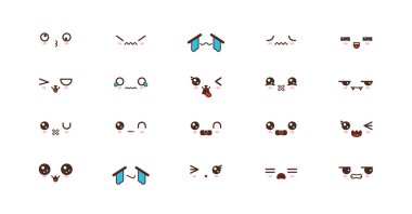 Kawaii şirin yüzler ifadeler gülümse. Japon emoji