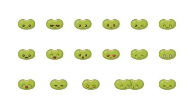 Fasulye sevimli kawaii maskotu. Set kawaii gıda yüzleri