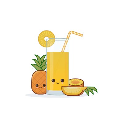 Şirin kawai gülümseyen çizgi film ananas suyu. Vektör