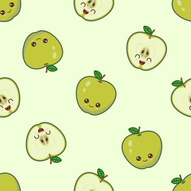 Kawaii yeşil elma deseni yeşil arka planda
