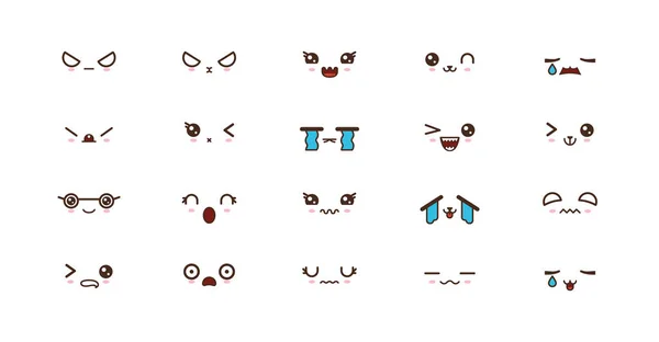 Kawaii rostos bonitos sorrir emoticons. Emoji japonês — Vetor de Stock