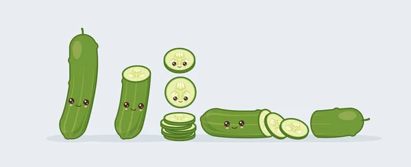 Set concombre. Mignon kawaii souriant nourriture. Vecteur — Image vectorielle