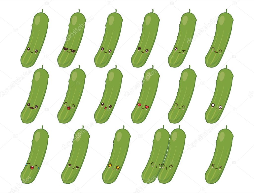 Cucumber cute kawaii mascot. Set kawaii food faces