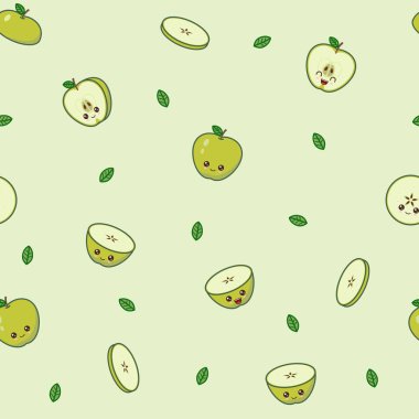 Kawaii yeşil elma deseni yeşil arka planda