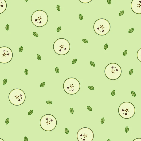 Pola apel hijau Kawaii pada latar belakang hijau - Stok Vektor