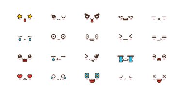 Kawaii şirin yüzler ifadeler gülümse. Japon emoji