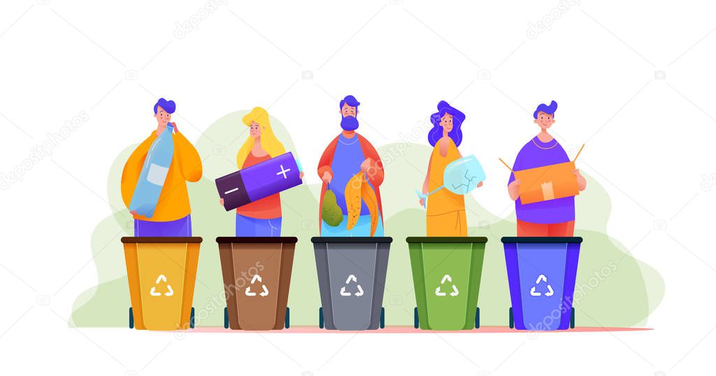 Group of people sort trash in multi-colored bins.
