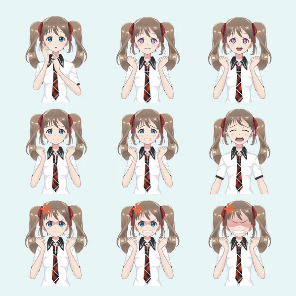 Avatar Anime Manga Meisjes Schoolmeisje Japanse Stijl Tot Taille Emoties — Stockvector