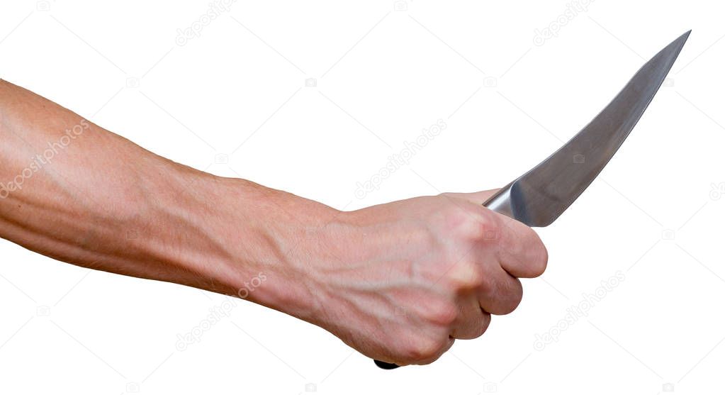 Man's hand with knife in fist. Aggression, crime or self-defence. Isolated on white.