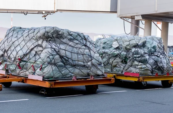 Trolleys Cargo Ready Loaded Plane Aviation Transportation Equipment Airport — Stock Photo, Image