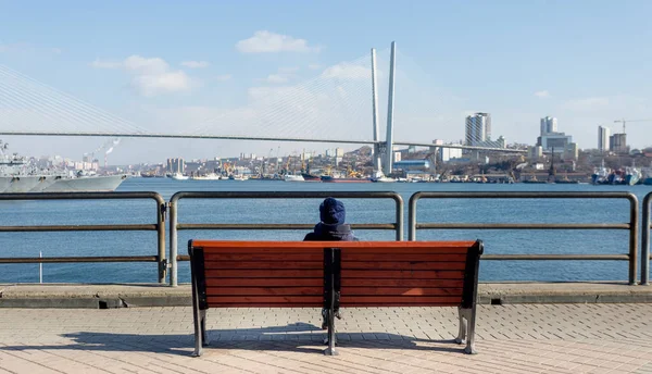 View on Golden Horn Bay (or Zolotoy Rog) with Golden Bridge (or Zolotoy bridge) on background. In the foreground there is a bench with a tourist, admiring a beautiful panorama. Russia, Vladivostok.