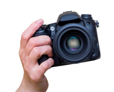 El ile modern Dslr fotoğraf makinesi lens ile monte. Fotoğraf ekipmanı. Beyaz izole.