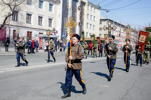 Russia Vladivostok 2018 Processione Pasqua Festiva Preti Ortodossi Cosacchi Celebrazione — Foto Stock