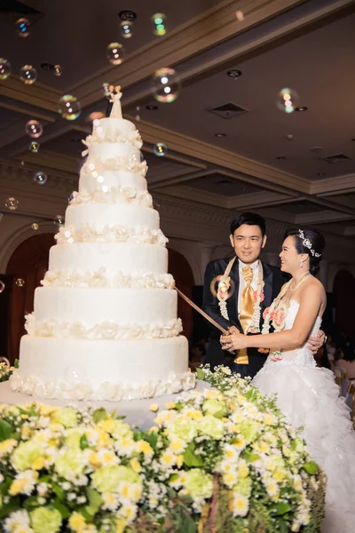 Noiva e noivo estão cortando bolo para celebração em seu casamento — Fotografia de Stock