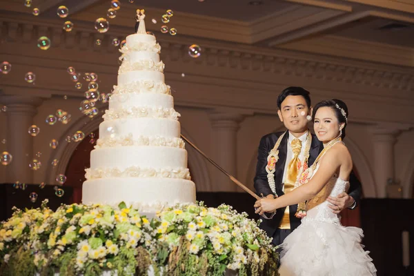 Noiva e noivo estão cortando bolo para celebração em seu casamento — Fotografia de Stock