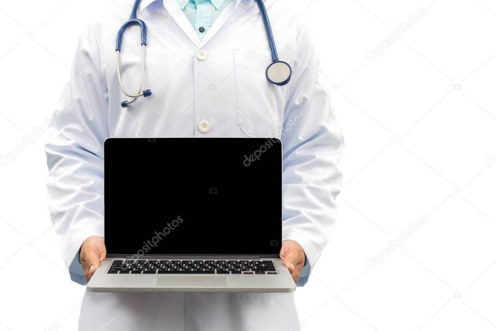 Isolated image of doctor holding laptop computer
