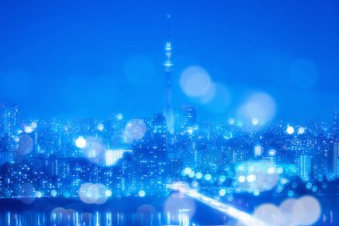 Tokyo şehir gece arka plan bulanıklık Bokeh ışıklar ile