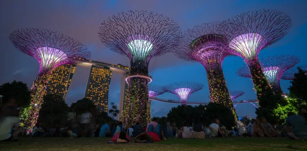 Singapore Skyline van de nacht op tuinen langs de baai — Stockfoto