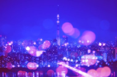 Tokyo şehir gece arka plan bulanıklık Bokeh ışıklar ile