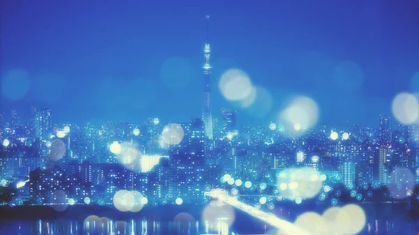 Tokyo City Night Background with Blur Bokeh Lights