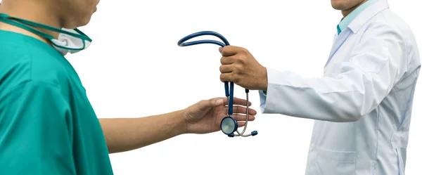 Doctor giving stethoscope to surgeon (Referral) — Stock Photo, Image