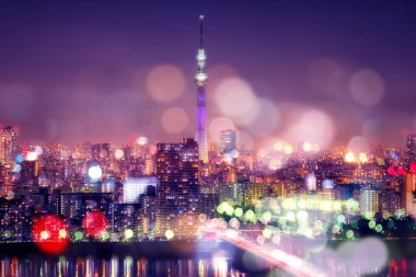 Tokyo Sky ağaç Blur Bokeh ışıkları ile