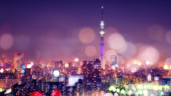 Tokyo Sky Tree with Blur Bokeh Lights