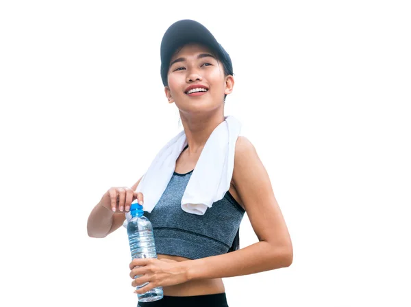 体育女人拿着矿泉水瓶的孤立的形象 — 图库照片