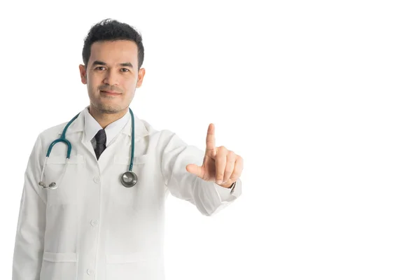 Isolated image of doctor pointing finger at space. — Stock Photo, Image