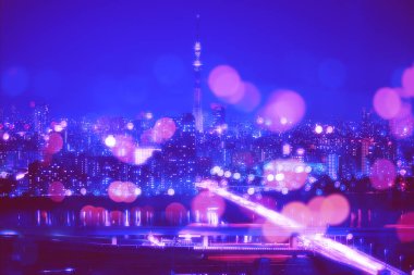 Tokyo şehir gece arka plan bulanıklık Bokeh ışıklar ile