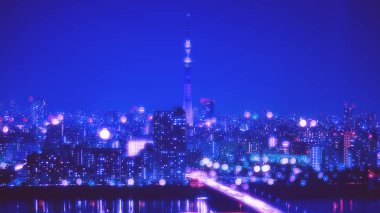 Tokyo şehir gece arka plan bulanıklık Bokeh ışıklar ile