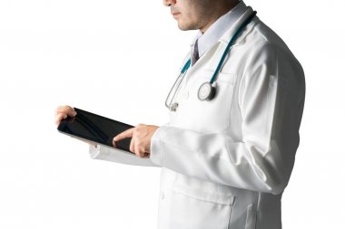 Doktor tablet, beyaz arka plan üzerinde izole kullanma.