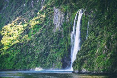 Manzaralı gemi şelaleye yaklaşıyor, Milford Sound..