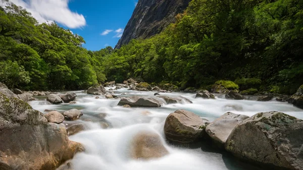 Rocky river krajina v deštném pralese, Nový Zéland — Stock fotografie