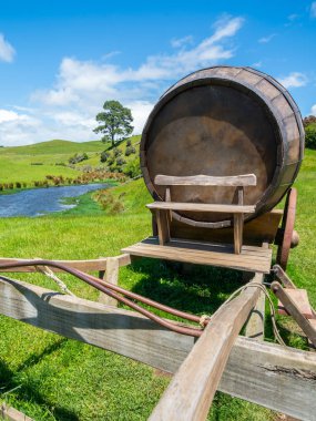 Yeşil çim alandaki şarap varil