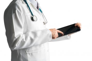 Doktor tablet, beyaz arka plan üzerinde izole kullanma.