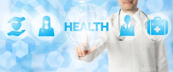 Dokter punten op gezondheid met medische pictogrammen — Stockfoto
