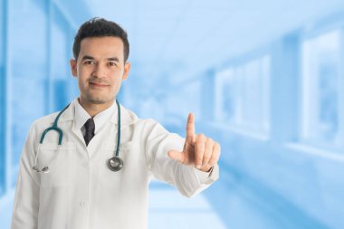 Erkek doktor işaret parmağı kopya alanı.