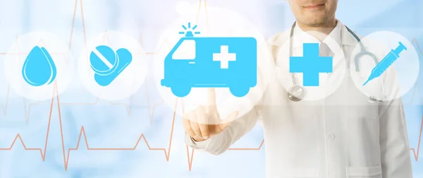 Dokter punten op ambulance en noodgevallen pictogram — Stockfoto